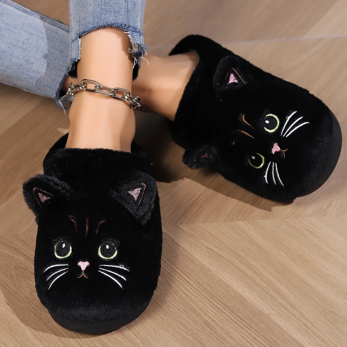 Kawaii Cartoon Cat Fuzzy Slippers - Ultra Soft Fabric Inner, Plush Flat Sole, Cozy Warmth, TPR Durable Outsole, Fabric Upper