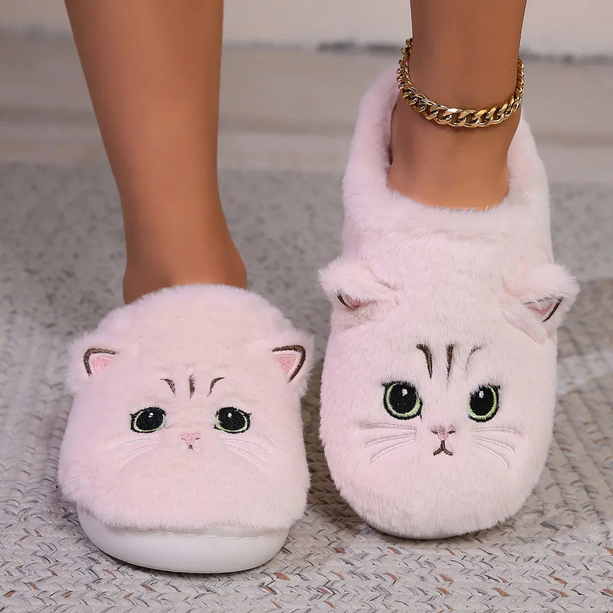 Kawaii Cartoon Cat Fuzzy Slippers - Ultra Soft Fabric Inner, Plush Flat Sole, Cozy Warmth, TPR Durable Outsole, Fabric Upper