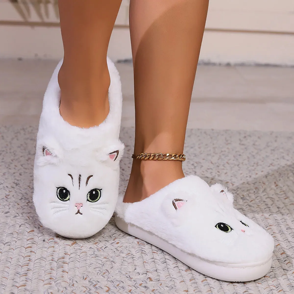 Kawaii Cartoon Cat Fuzzy Slippers - Ultra Soft Fabric Inner, Plush Flat Sole, Cozy Warmth, TPR Durable Outsole, Fabric Upper