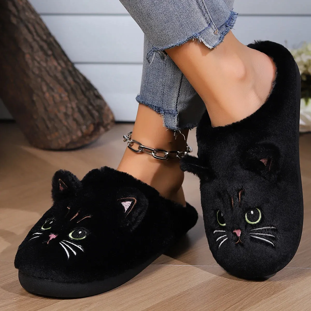 Kawaii Cartoon Cat Fuzzy Slippers - Ultra Soft Fabric Inner, Plush Flat Sole, Cozy Warmth, TPR Durable Outsole, Fabric Upper
