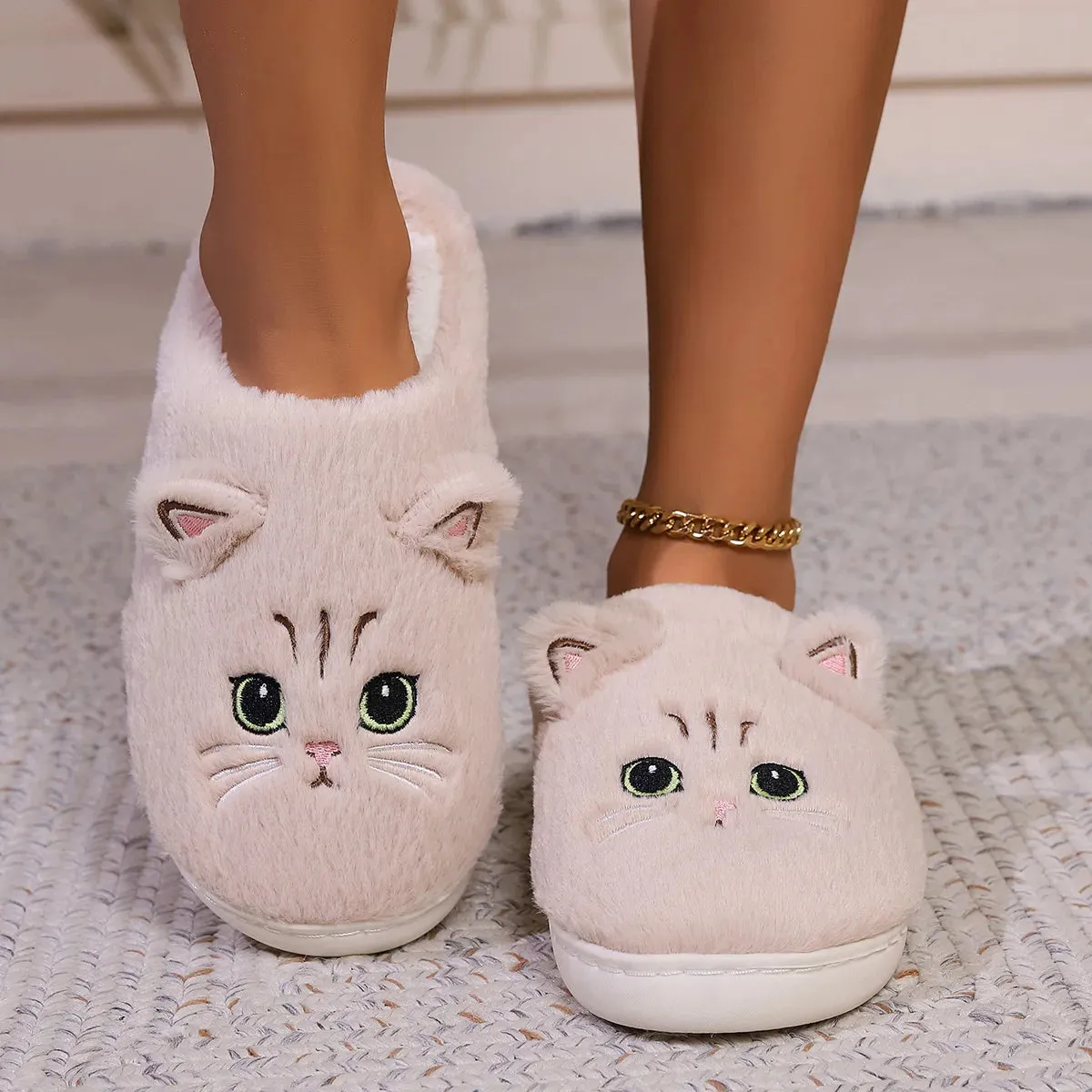 Kawaii Cartoon Cat Fuzzy Slippers - Ultra Soft Fabric Inner, Plush Flat Sole, Cozy Warmth, TPR Durable Outsole, Fabric Upper