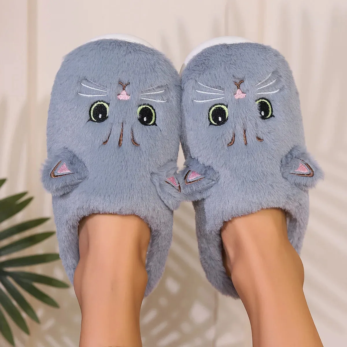 Kawaii Cartoon Cat Fuzzy Slippers - Ultra Soft Fabric Inner, Plush Flat Sole, Cozy Warmth, TPR Durable Outsole, Fabric Upper