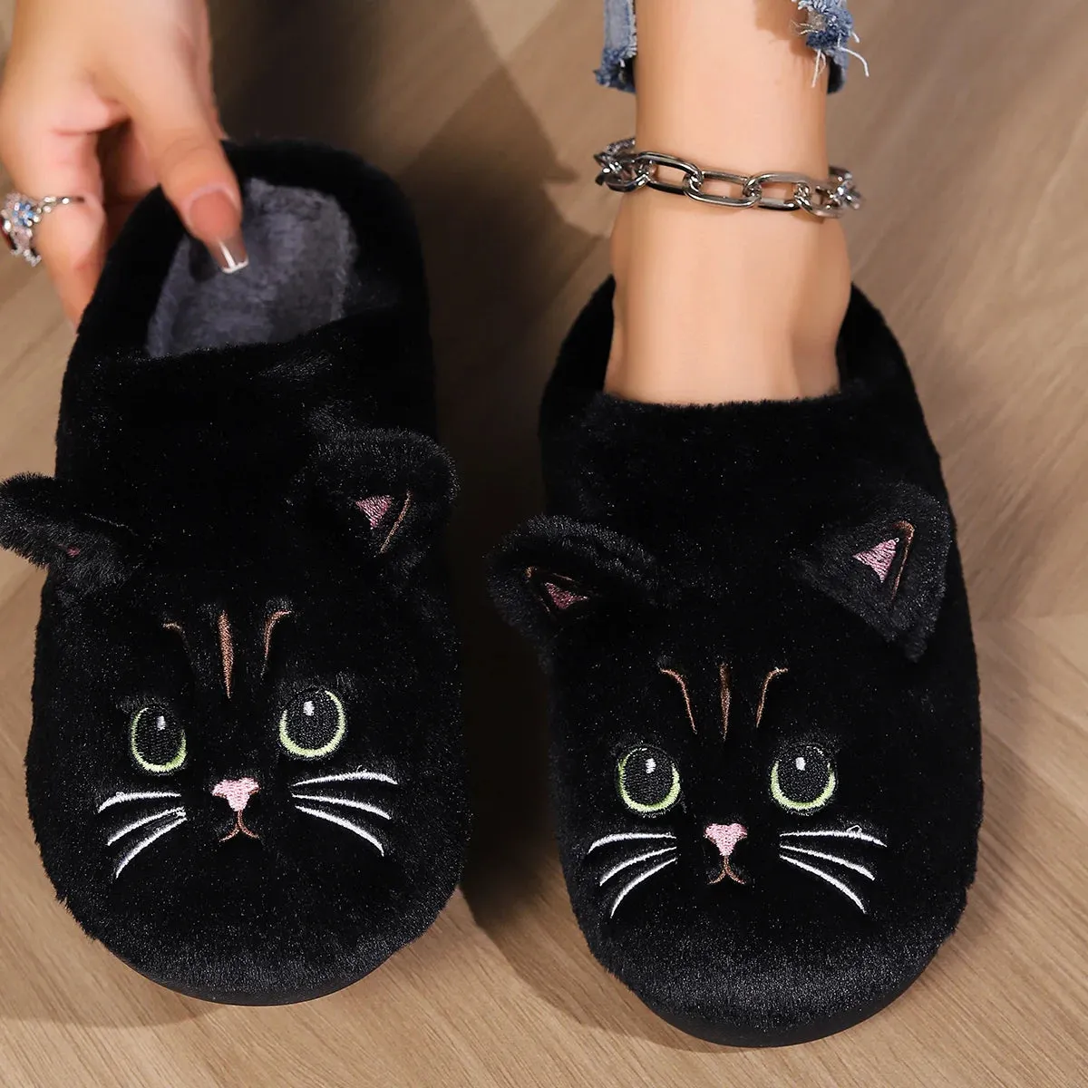 Kawaii Cartoon Cat Fuzzy Slippers - Ultra Soft Fabric Inner, Plush Flat Sole, Cozy Warmth, TPR Durable Outsole, Fabric Upper
