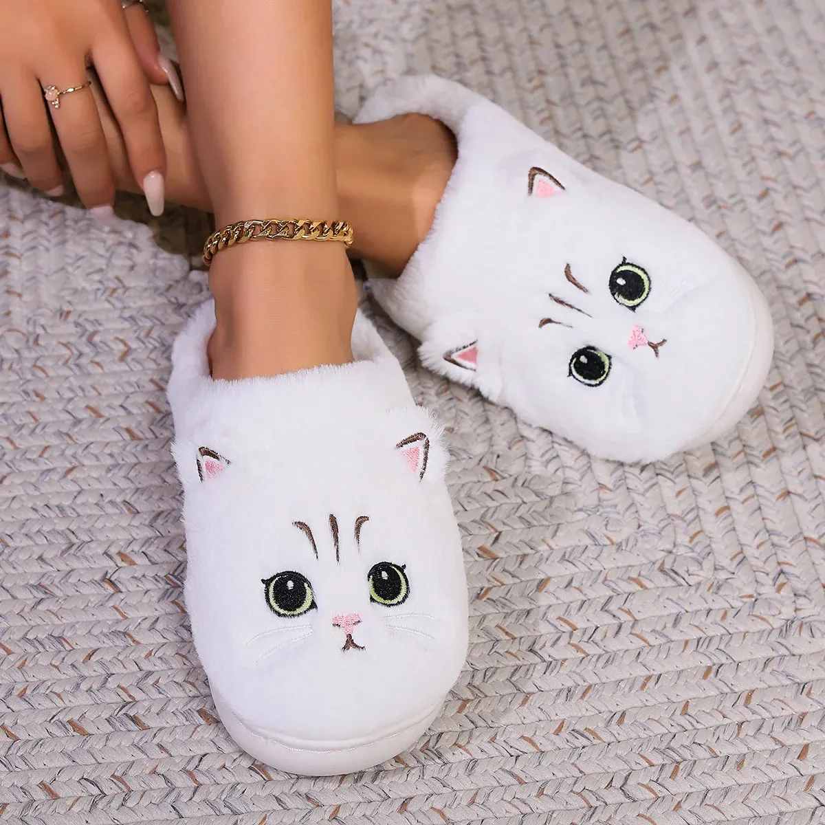 Kawaii Cartoon Cat Fuzzy Slippers - Ultra Soft Fabric Inner, Plush Flat Sole, Cozy Warmth, TPR Durable Outsole, Fabric Upper