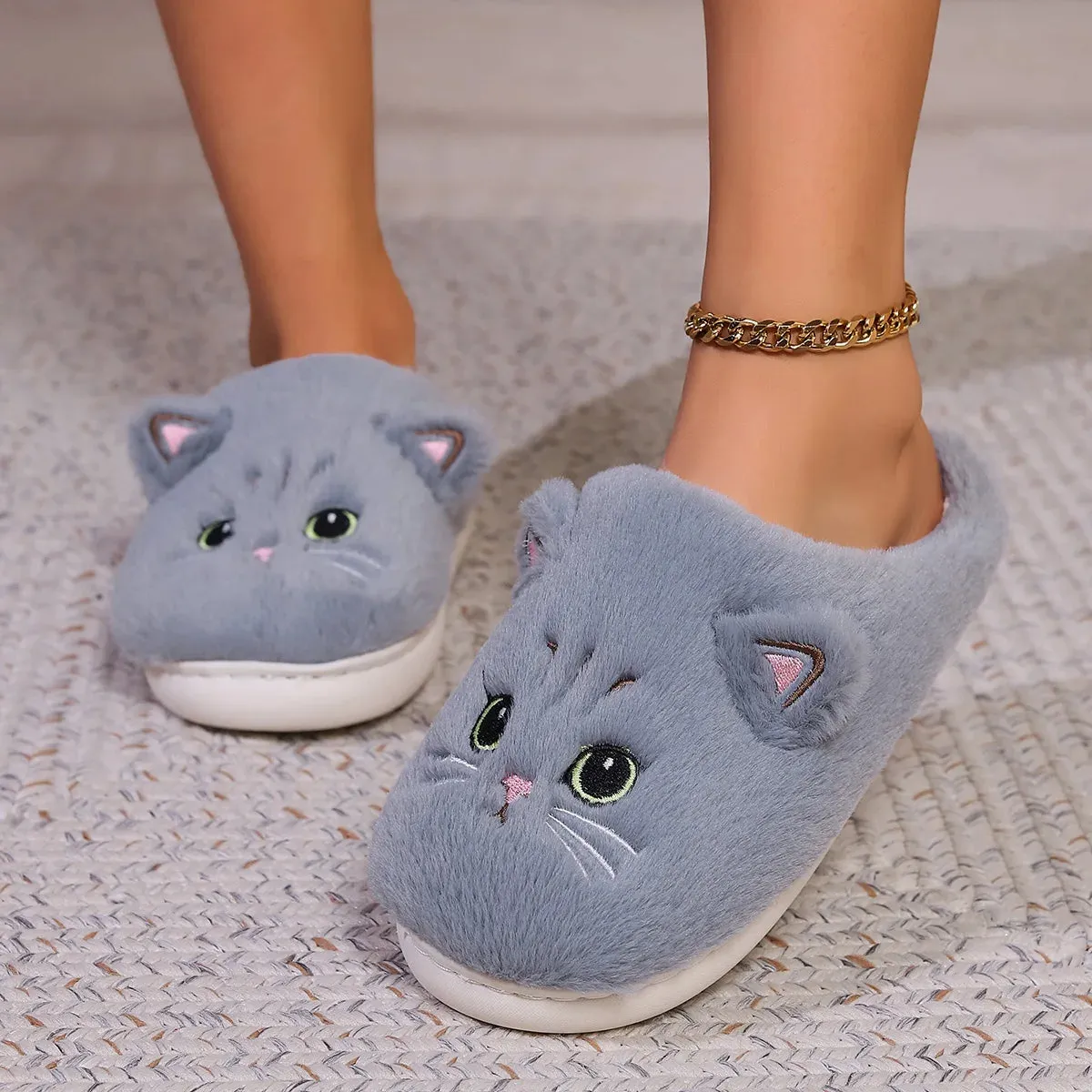 Kawaii Cartoon Cat Fuzzy Slippers - Ultra Soft Fabric Inner, Plush Flat Sole, Cozy Warmth, TPR Durable Outsole, Fabric Upper