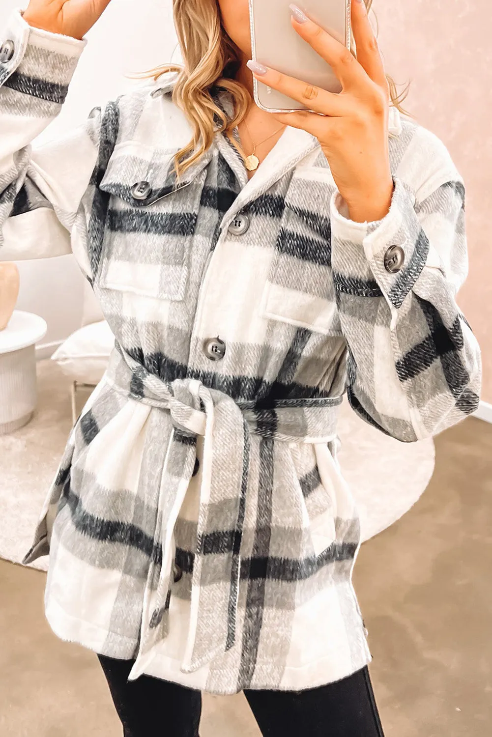 Khaki Plaid Button-Up Flap Pocket Shacket