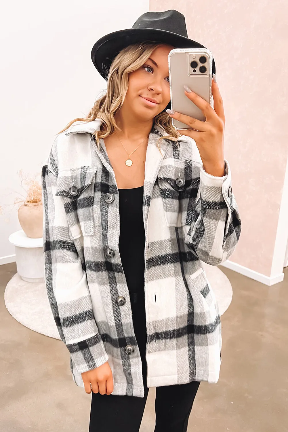 Khaki Plaid Button-Up Flap Pocket Shacket