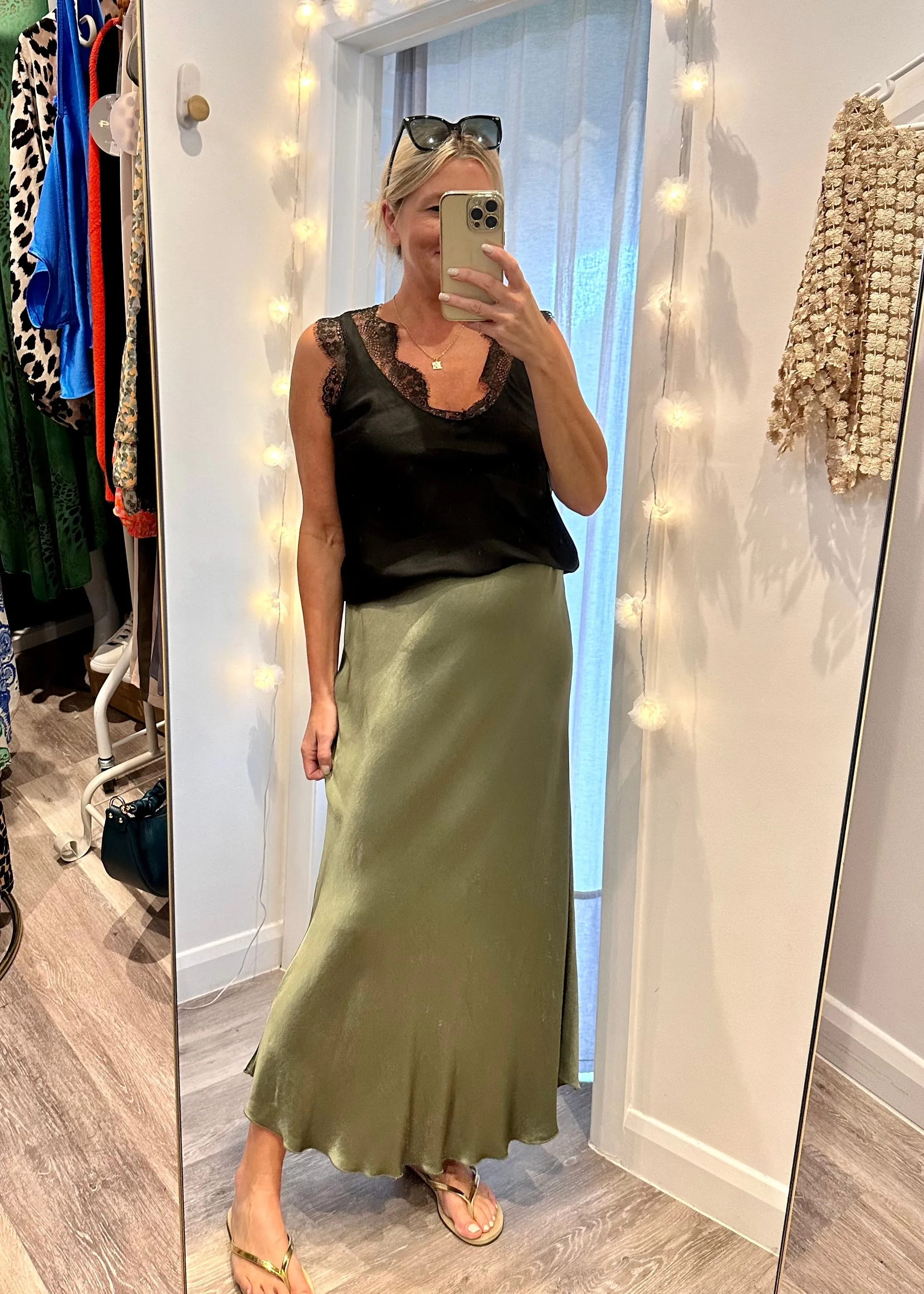 Khaki Satin Slip Skirt