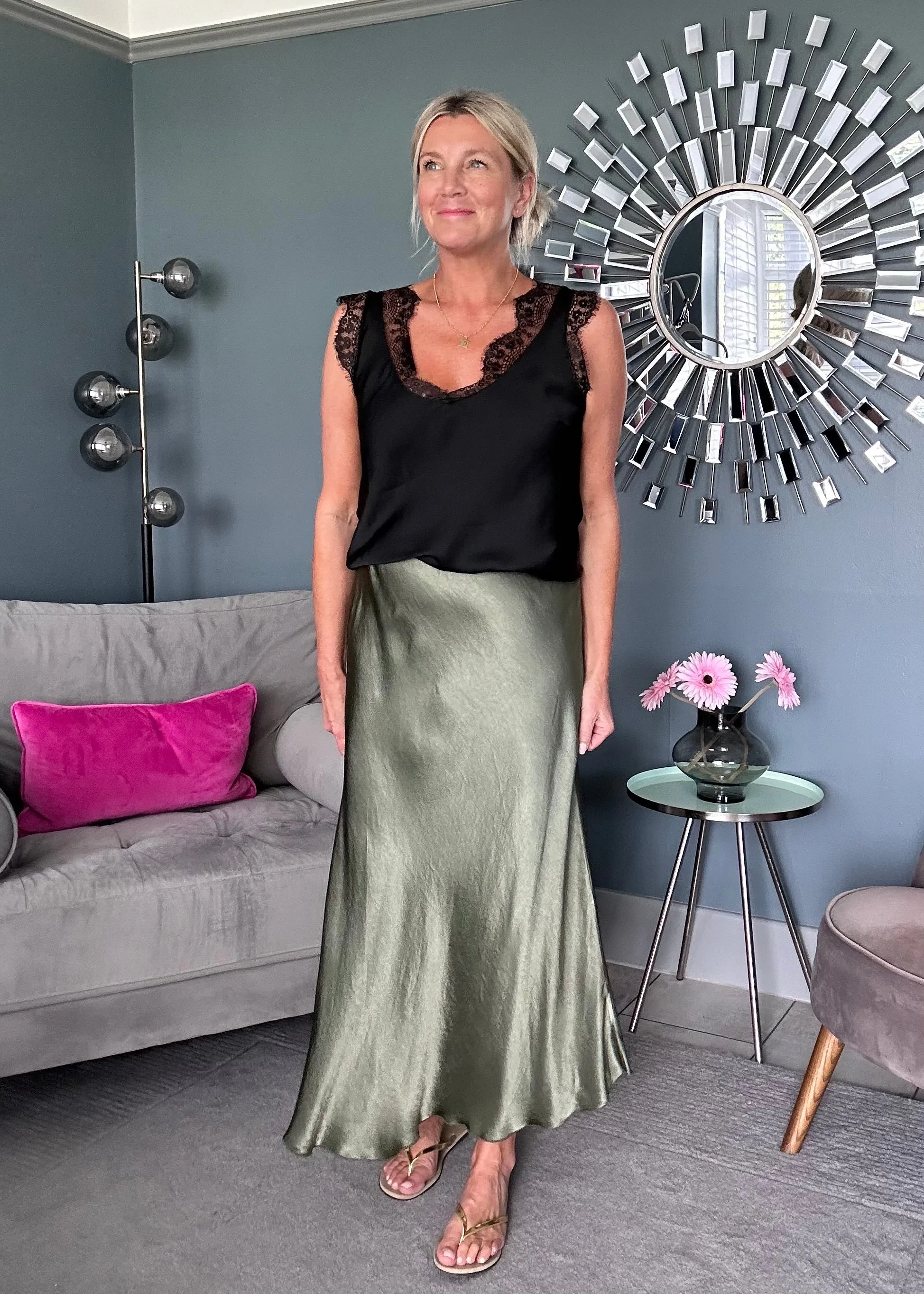 Khaki Satin Slip Skirt
