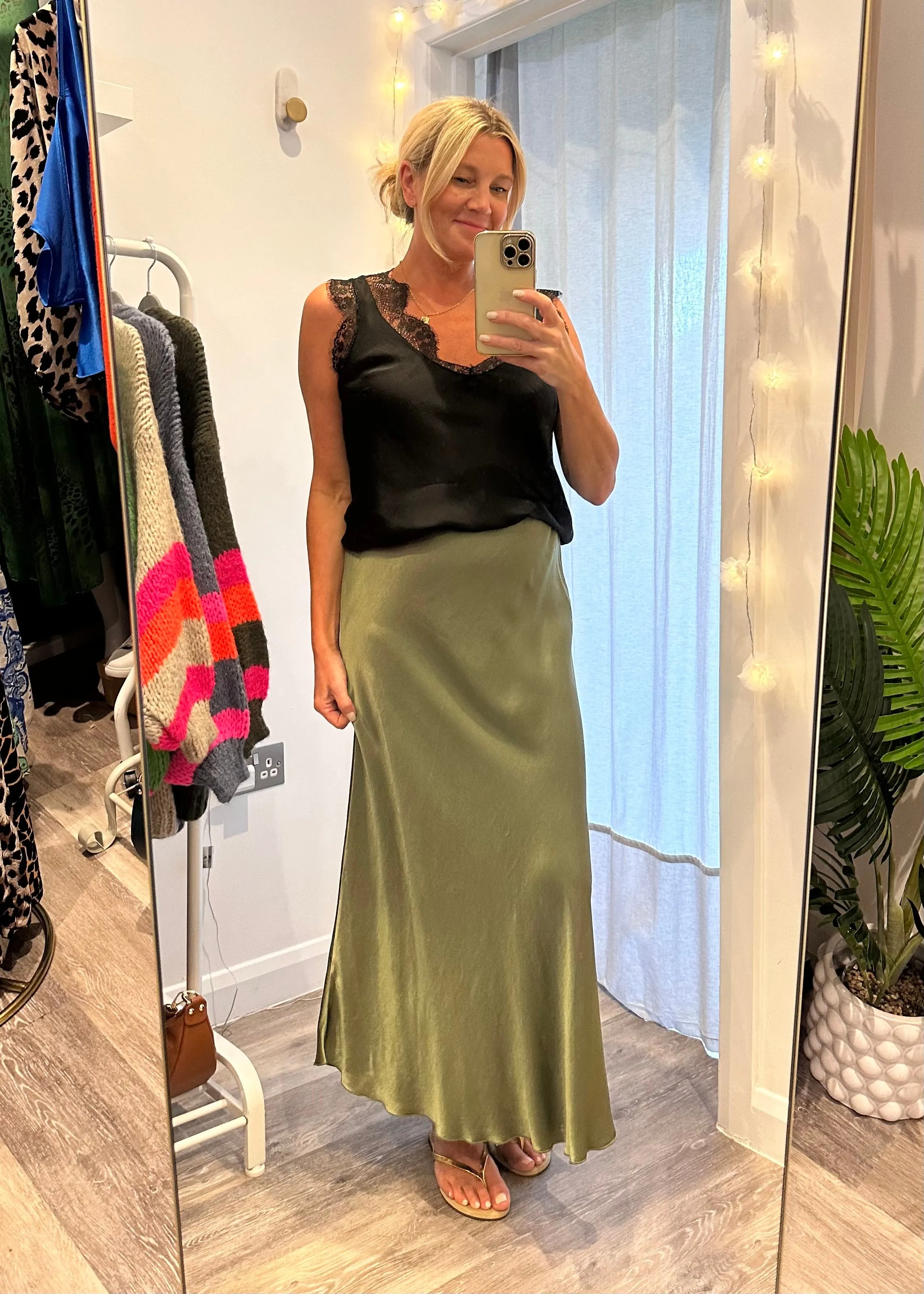 Khaki Satin Slip Skirt