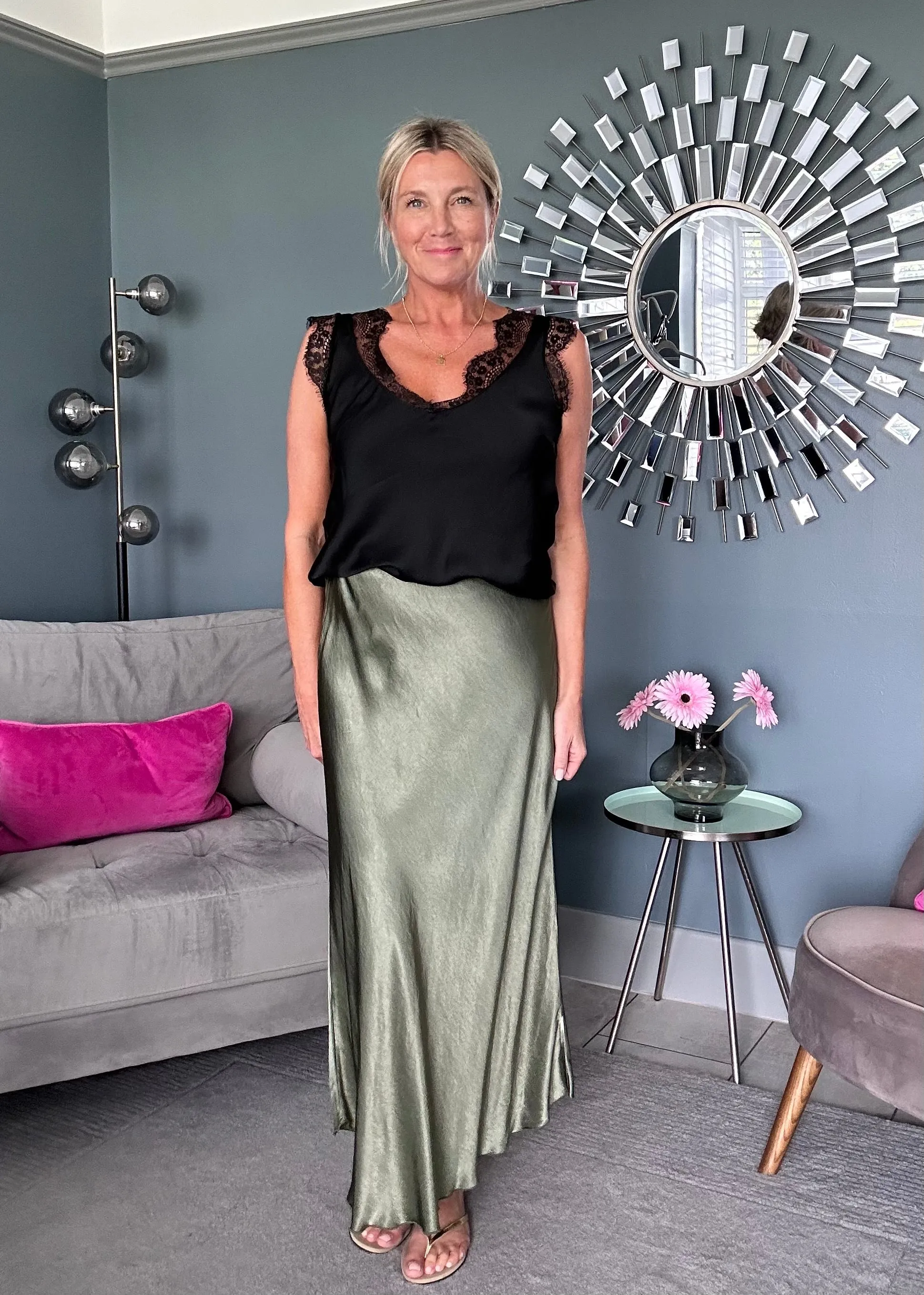 Khaki Satin Slip Skirt