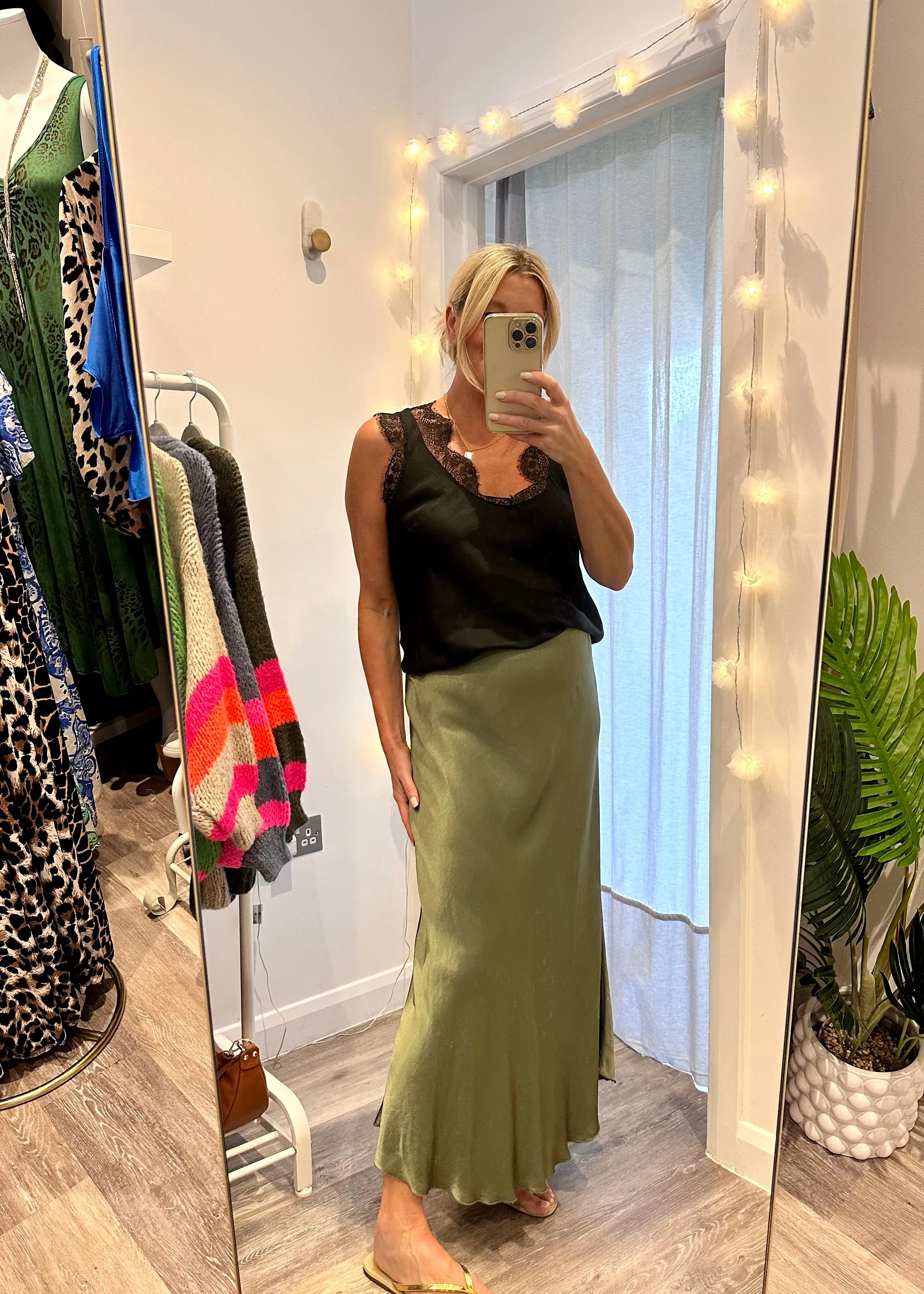 Khaki Satin Slip Skirt