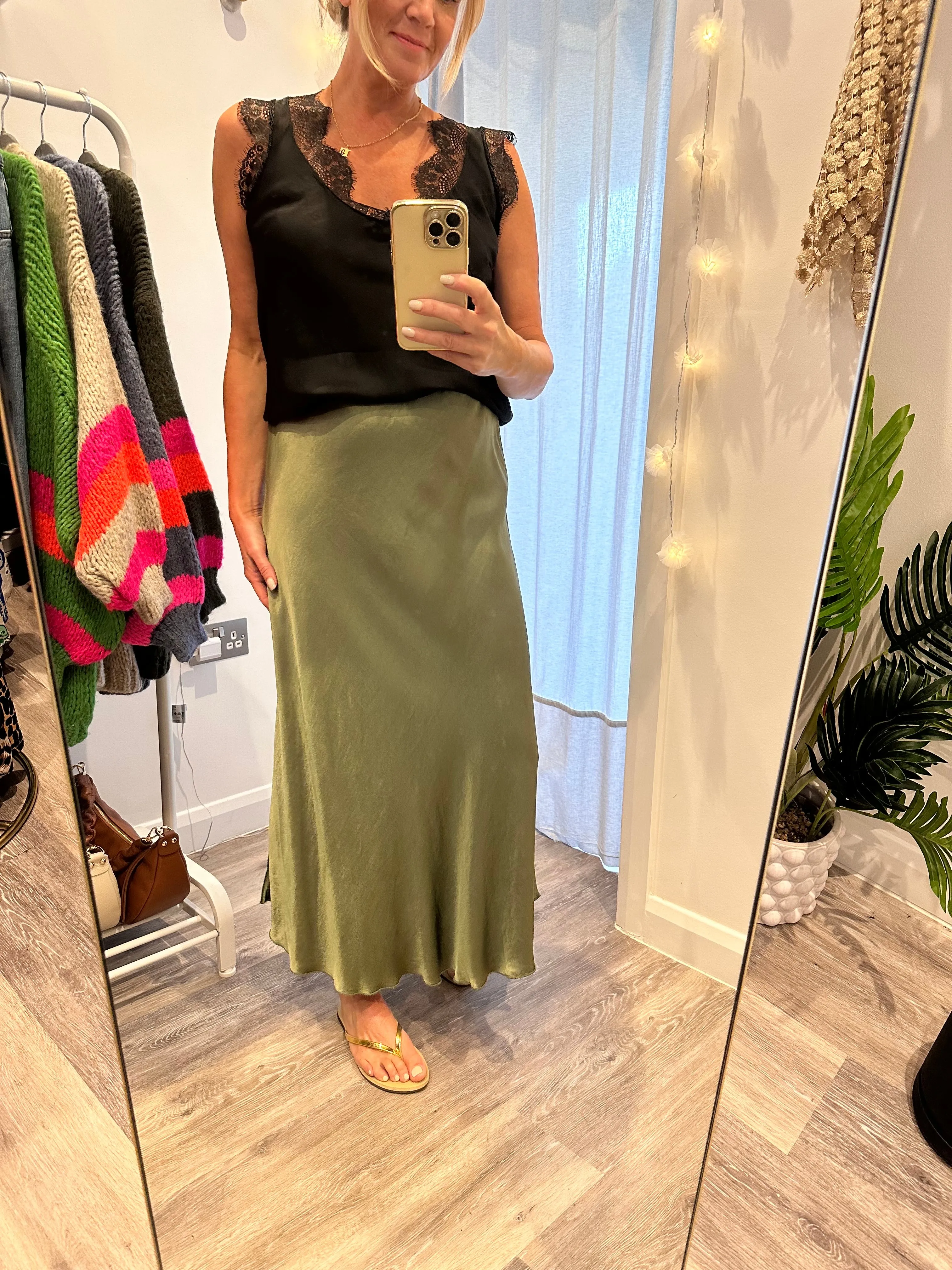Khaki Satin Slip Skirt