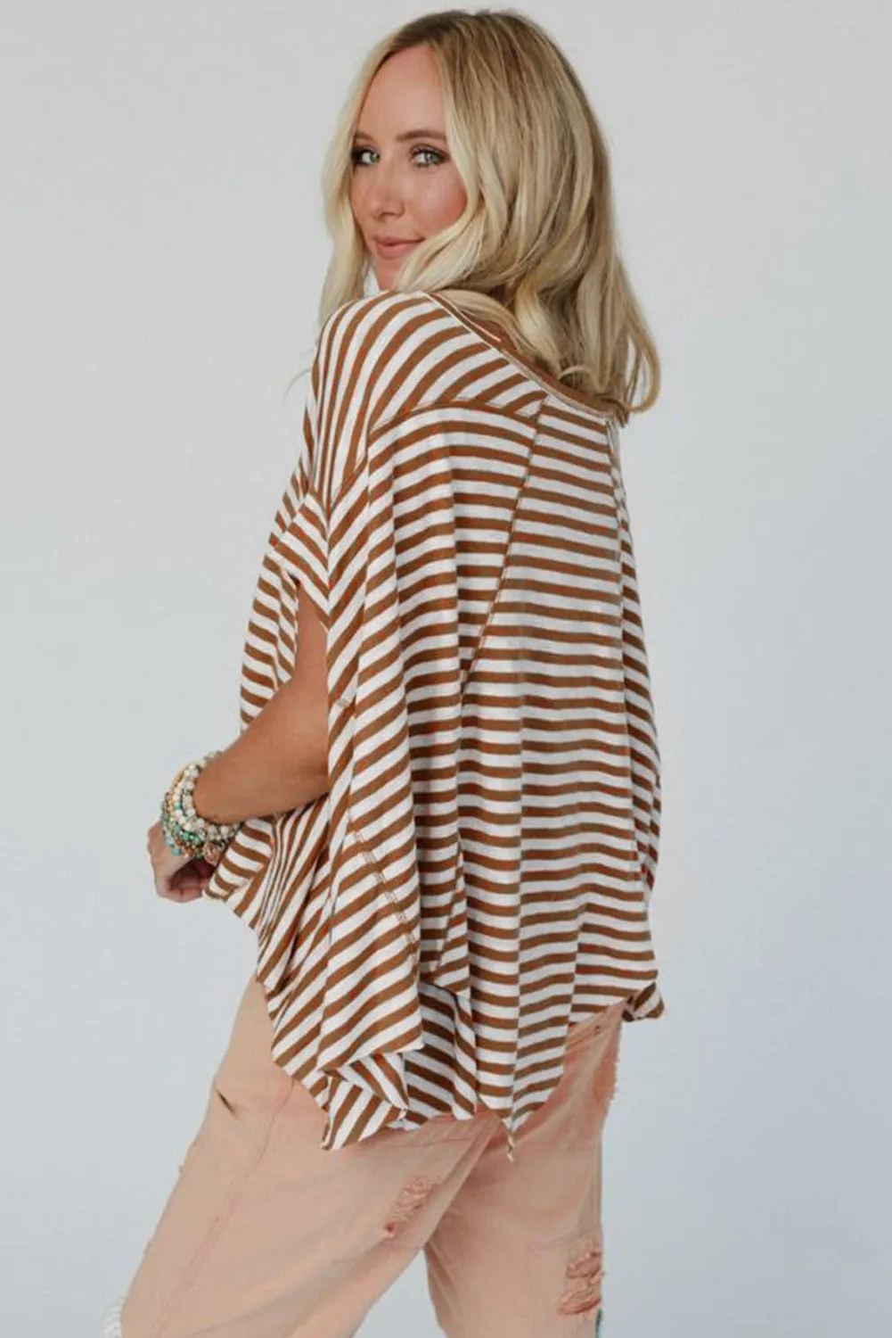Khaki Stripe Batwing Sleeve Crewneck Oversized Top