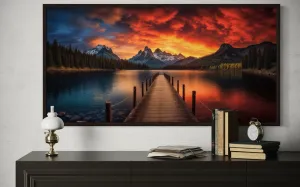 Lake And Fishing Pier Sunset Painting Framed Canvas Wall Art