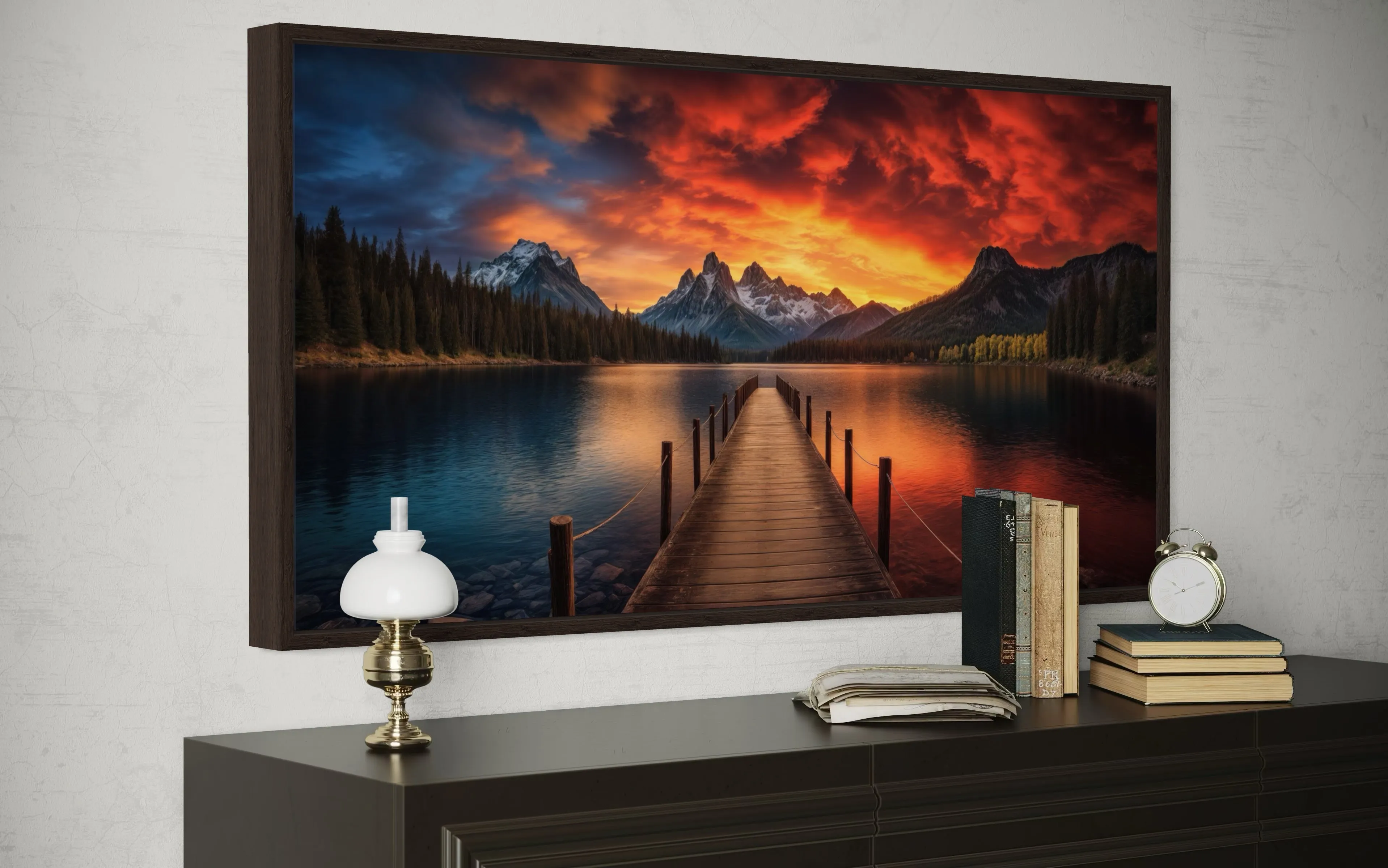 Lake And Fishing Pier Sunset Painting Framed Canvas Wall Art