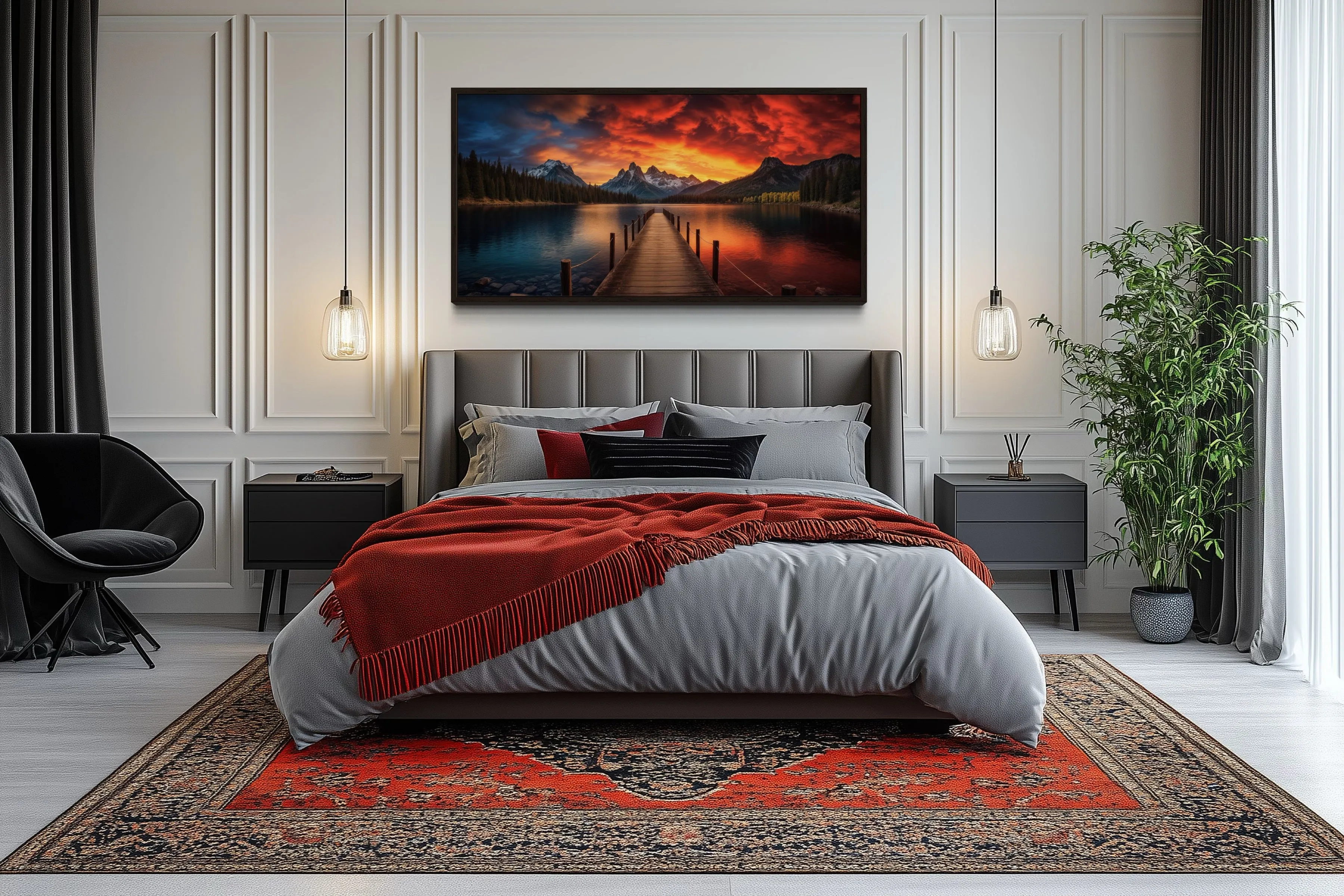 Lake And Fishing Pier Sunset Painting Framed Canvas Wall Art