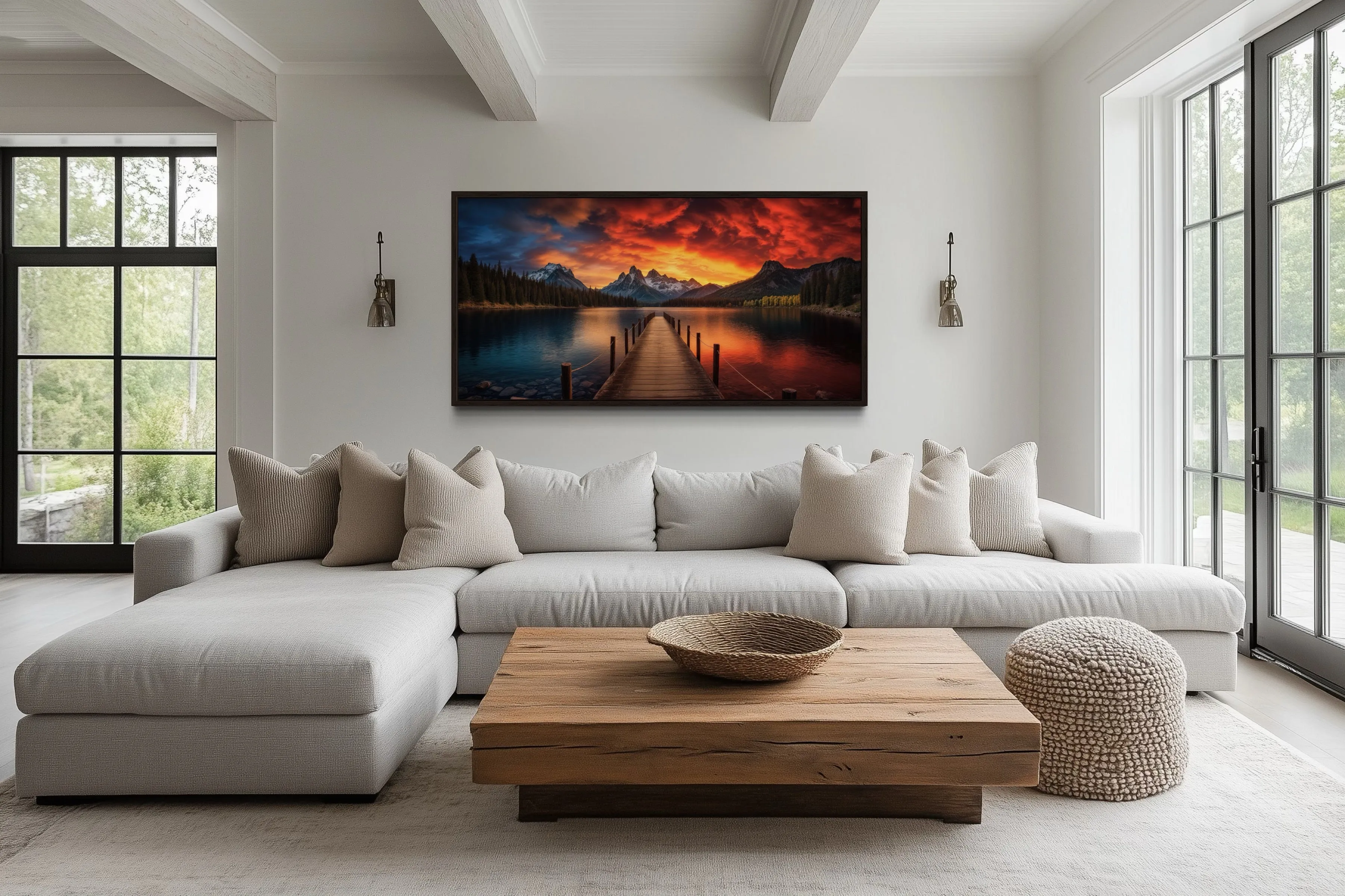 Lake And Fishing Pier Sunset Painting Framed Canvas Wall Art