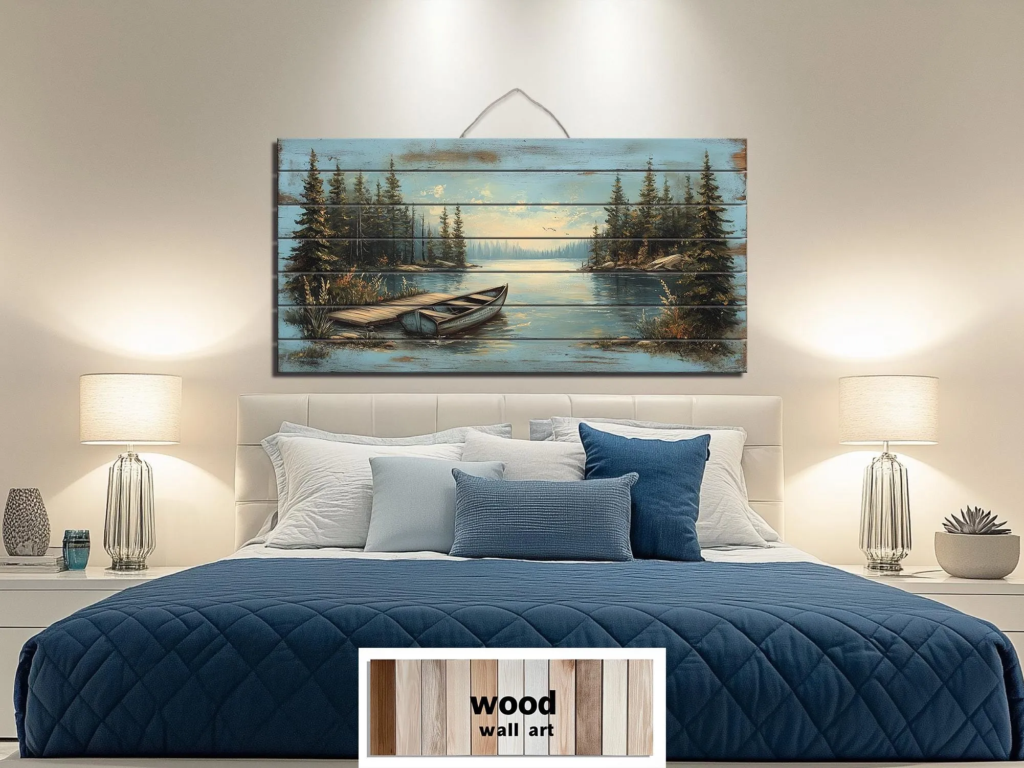 Lake Canoe And Dock Distressed Wood Wall Art