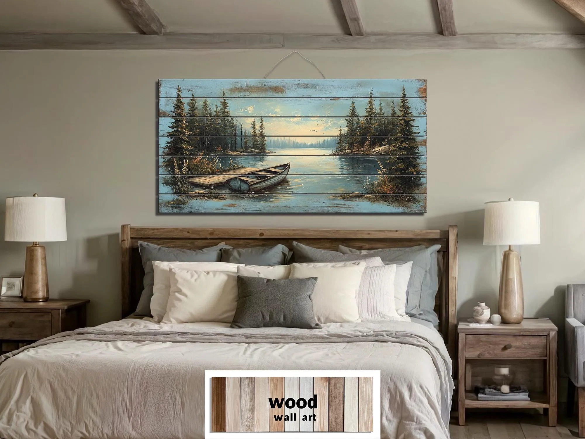 Lake Canoe And Dock Distressed Wood Wall Art