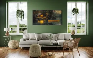 Lake House In The Woods With Yellow Canoe Framed Canvas Wall Art