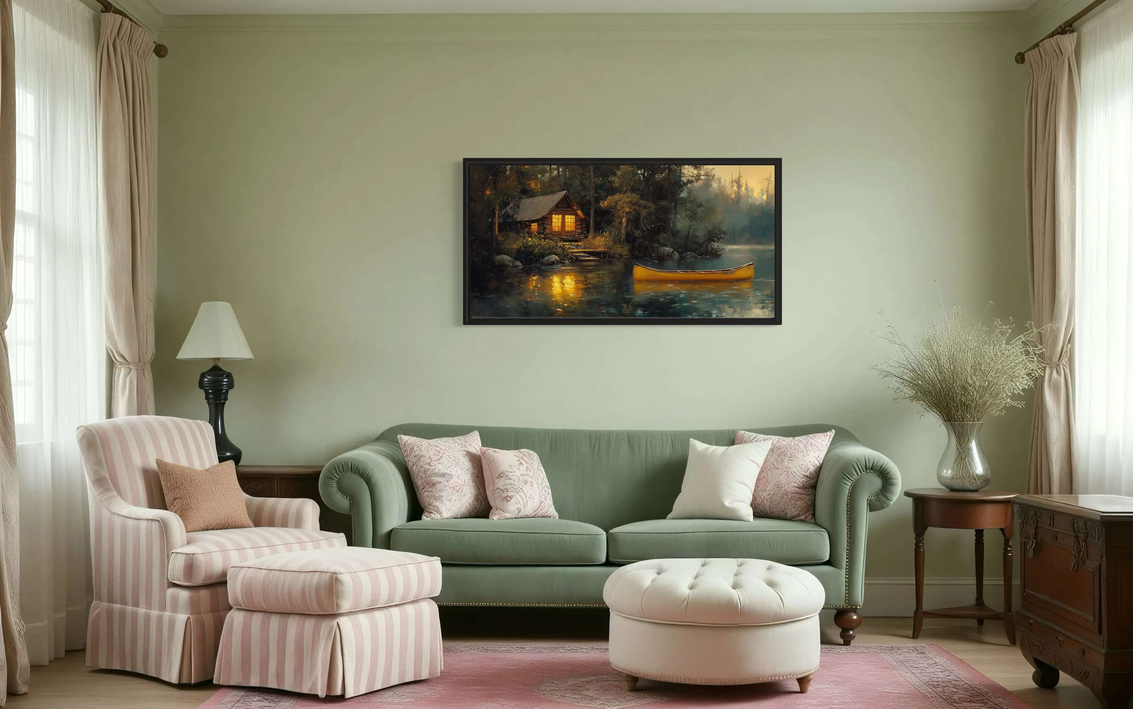 Lake House In The Woods With Yellow Canoe Framed Canvas Wall Art