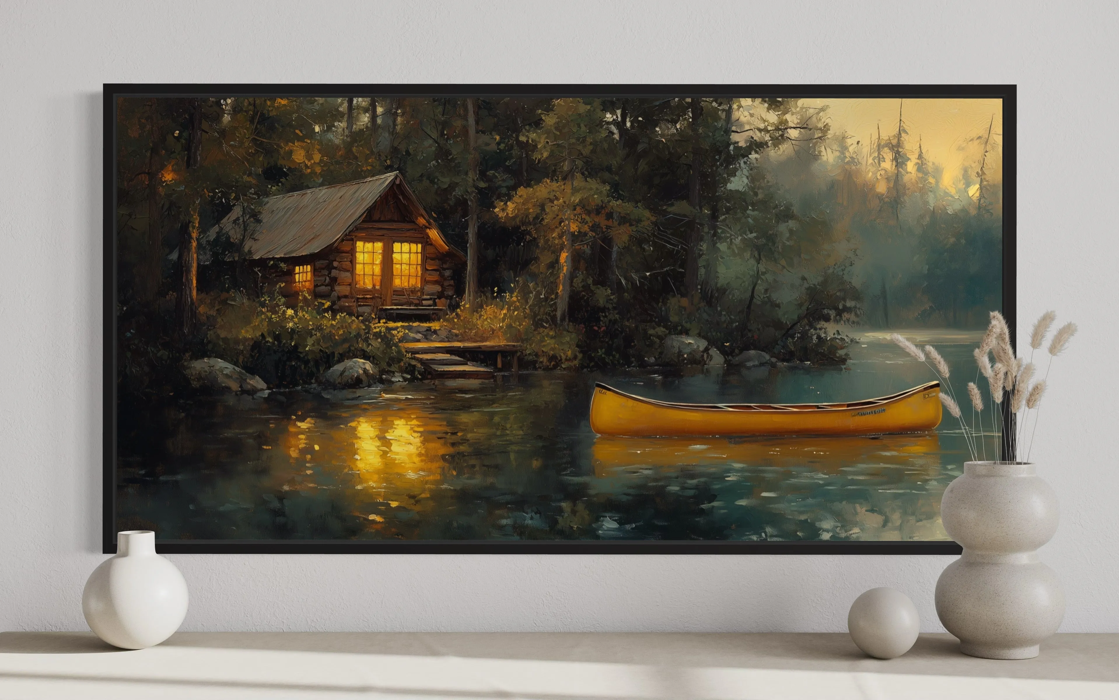 Lake House In The Woods With Yellow Canoe Framed Canvas Wall Art