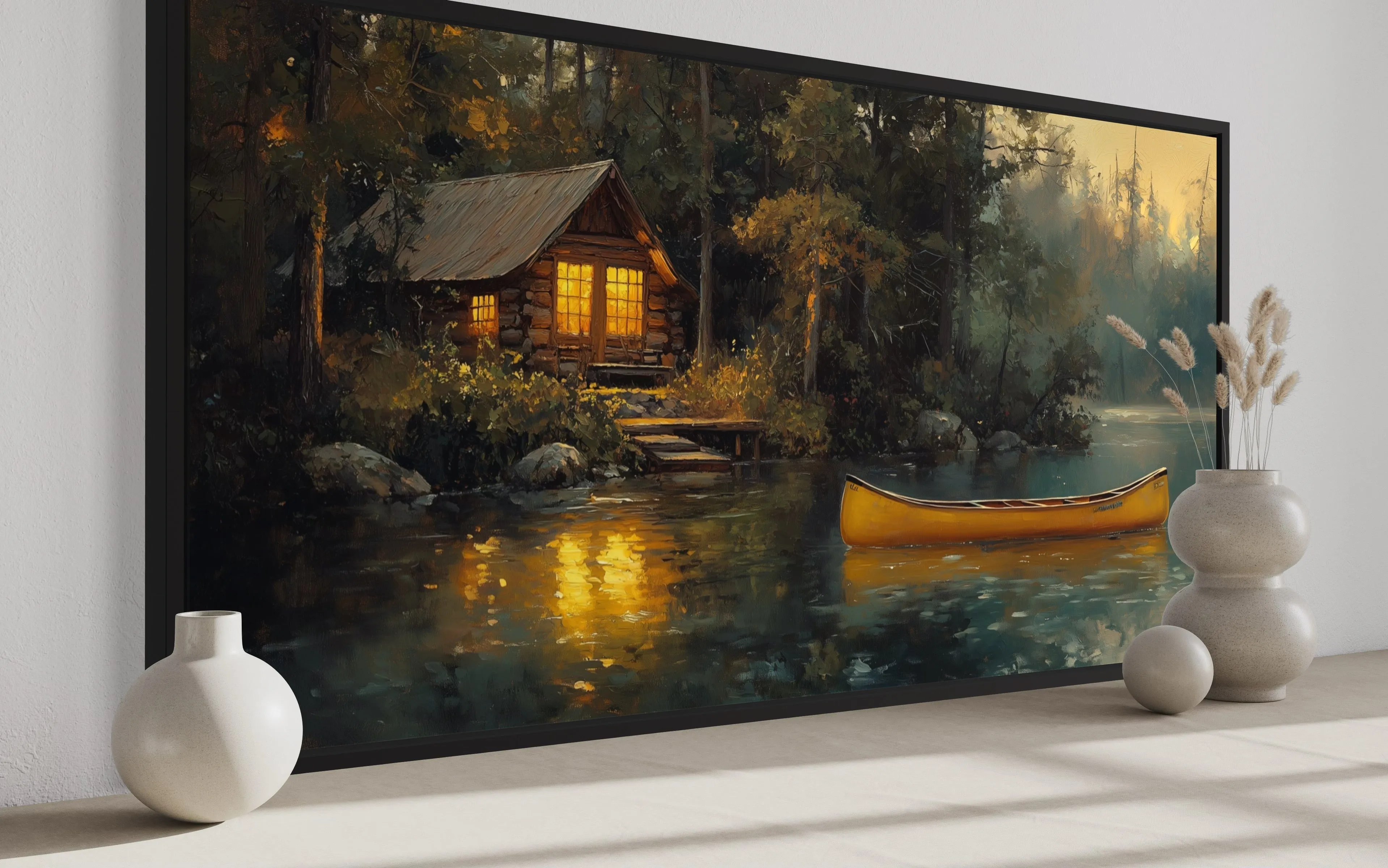 Lake House In The Woods With Yellow Canoe Framed Canvas Wall Art