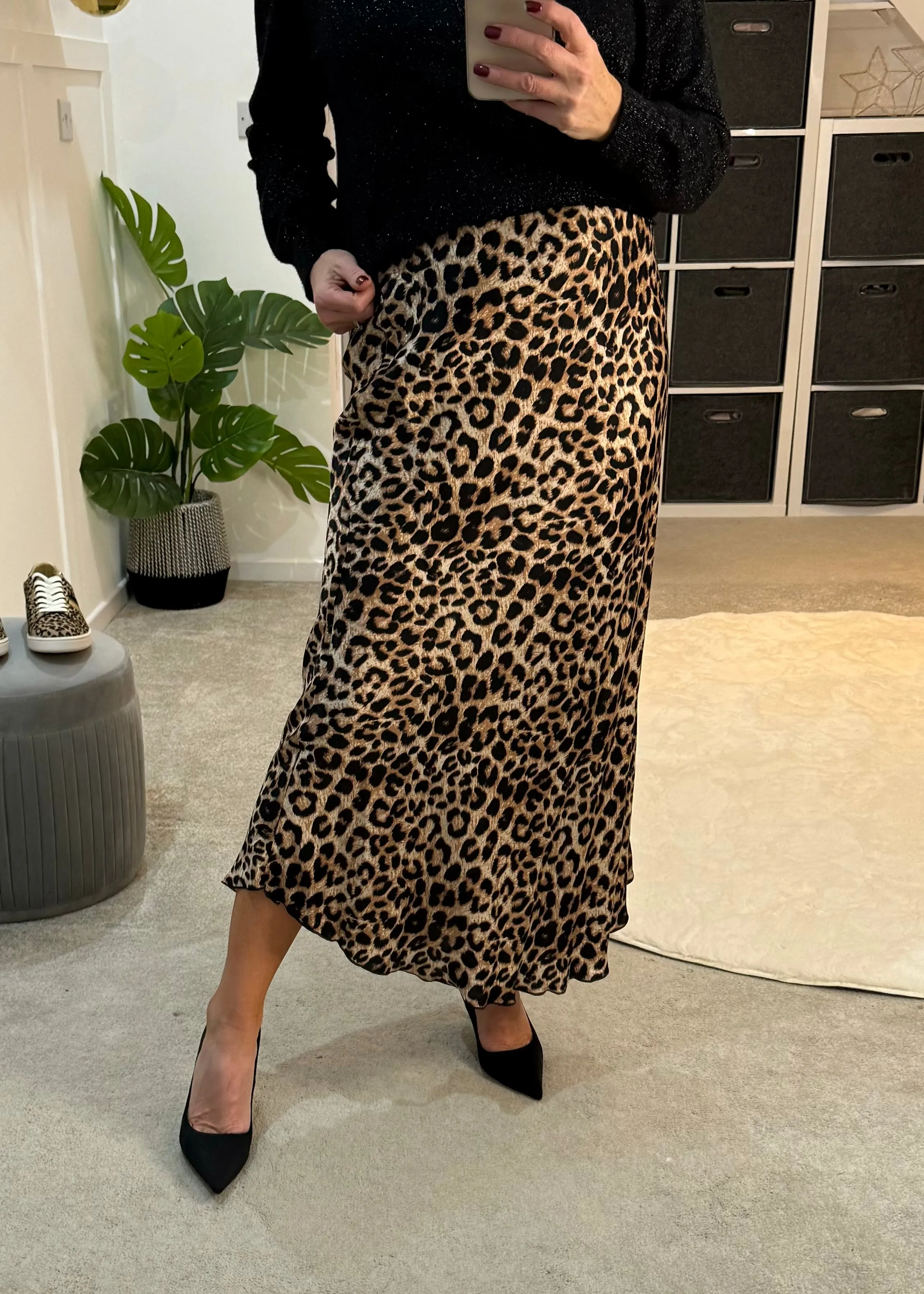 Leopard Print Satin Slip Skirt
