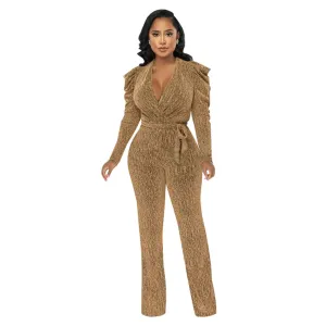 Lexi Ruched Long Sleeve Surplice Knit Jumpsuit