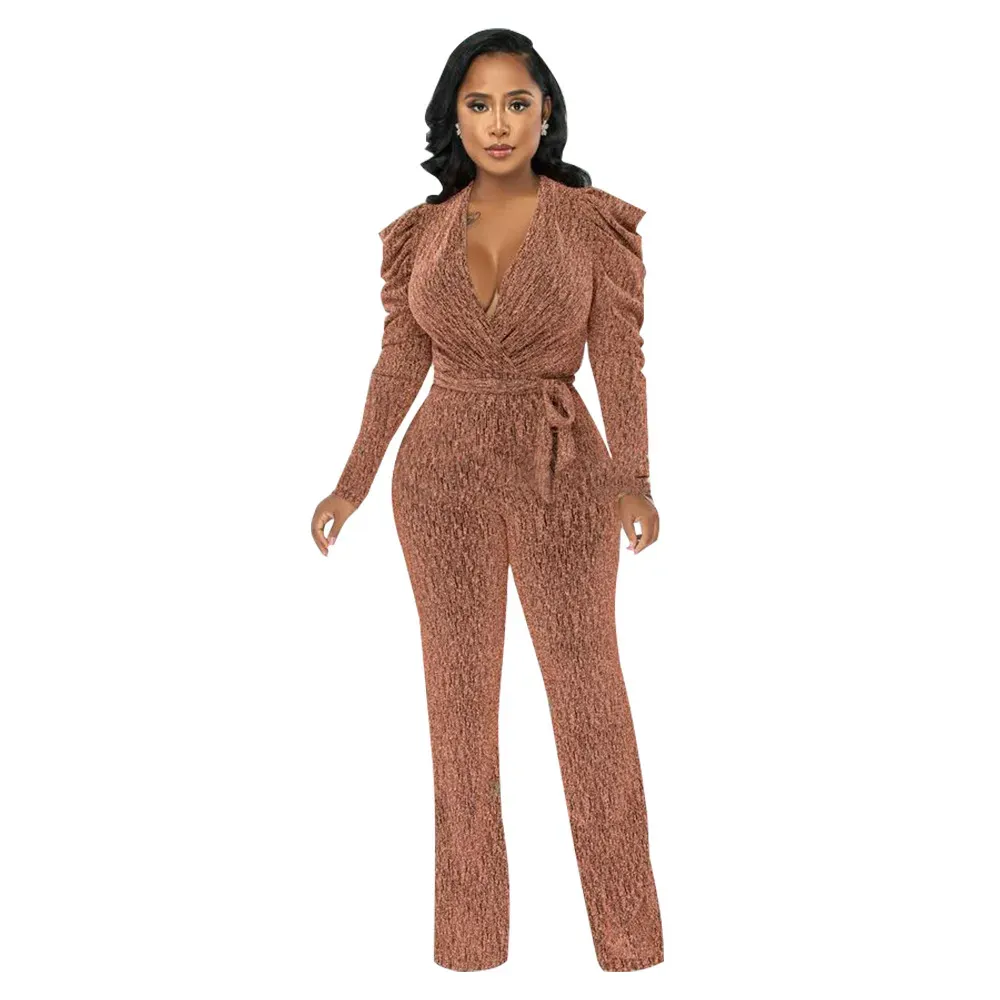 Lexi Ruched Long Sleeve Surplice Knit Jumpsuit