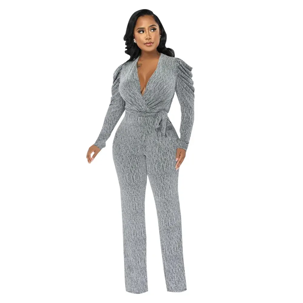 Lexi Ruched Long Sleeve Surplice Knit Jumpsuit