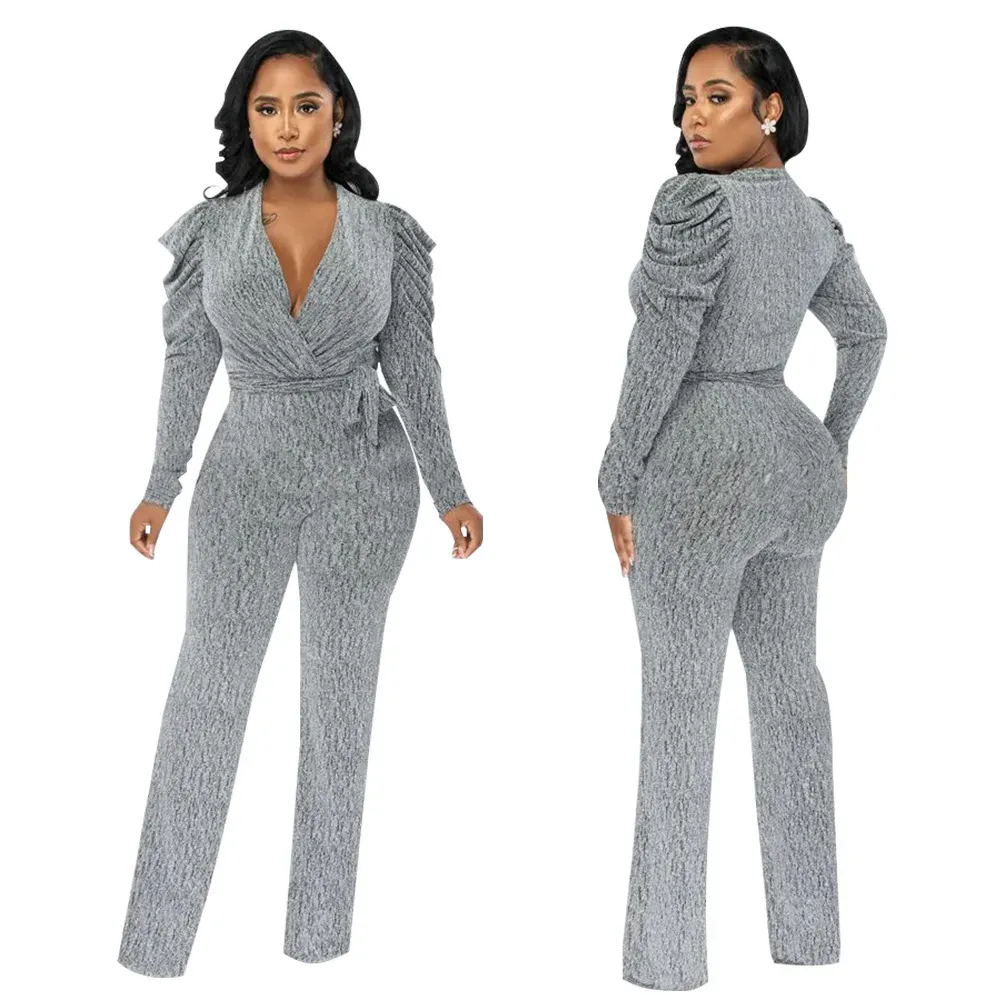 Lexi Ruched Long Sleeve Surplice Knit Jumpsuit