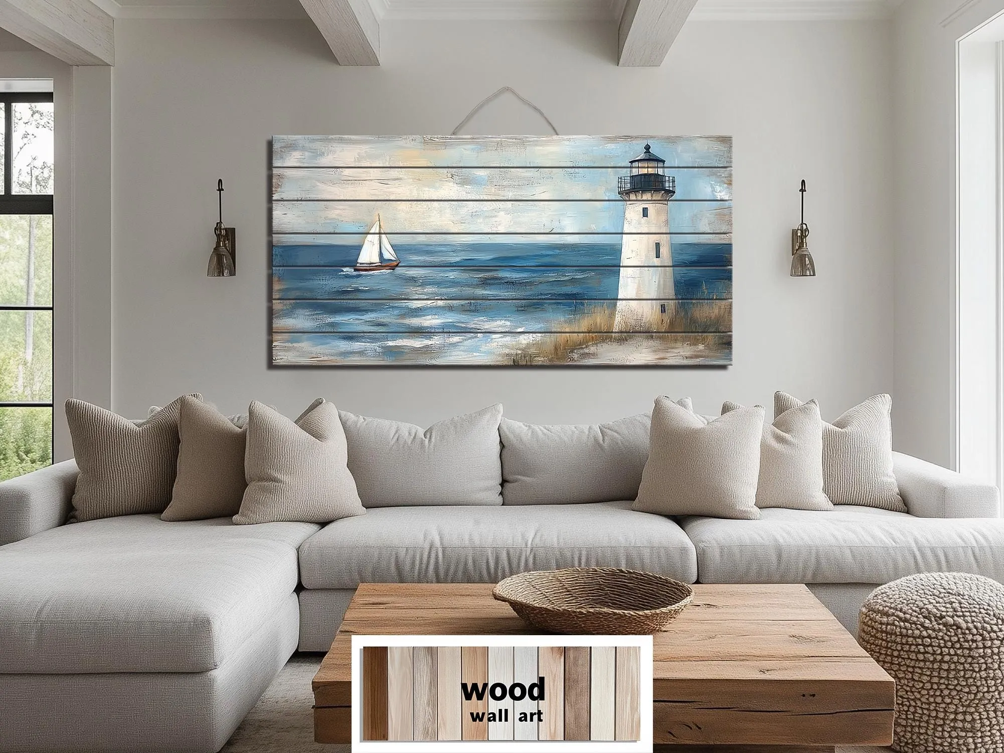 Lighthouse And Sailboat Distressed Wood Wall Art