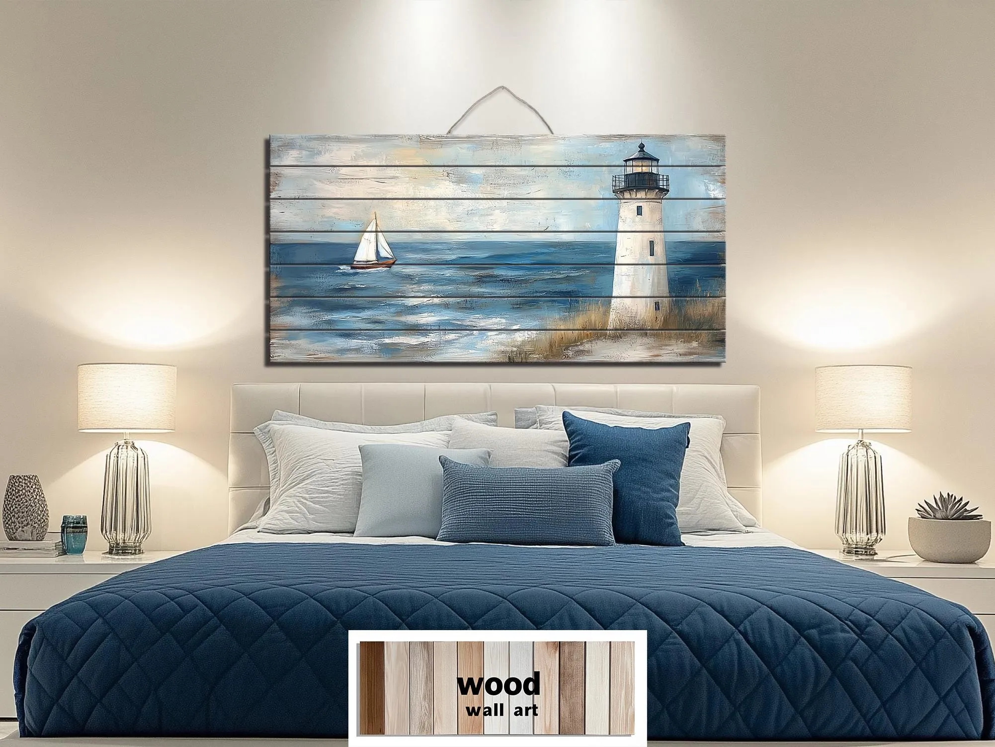 Lighthouse And Sailboat Distressed Wood Wall Art