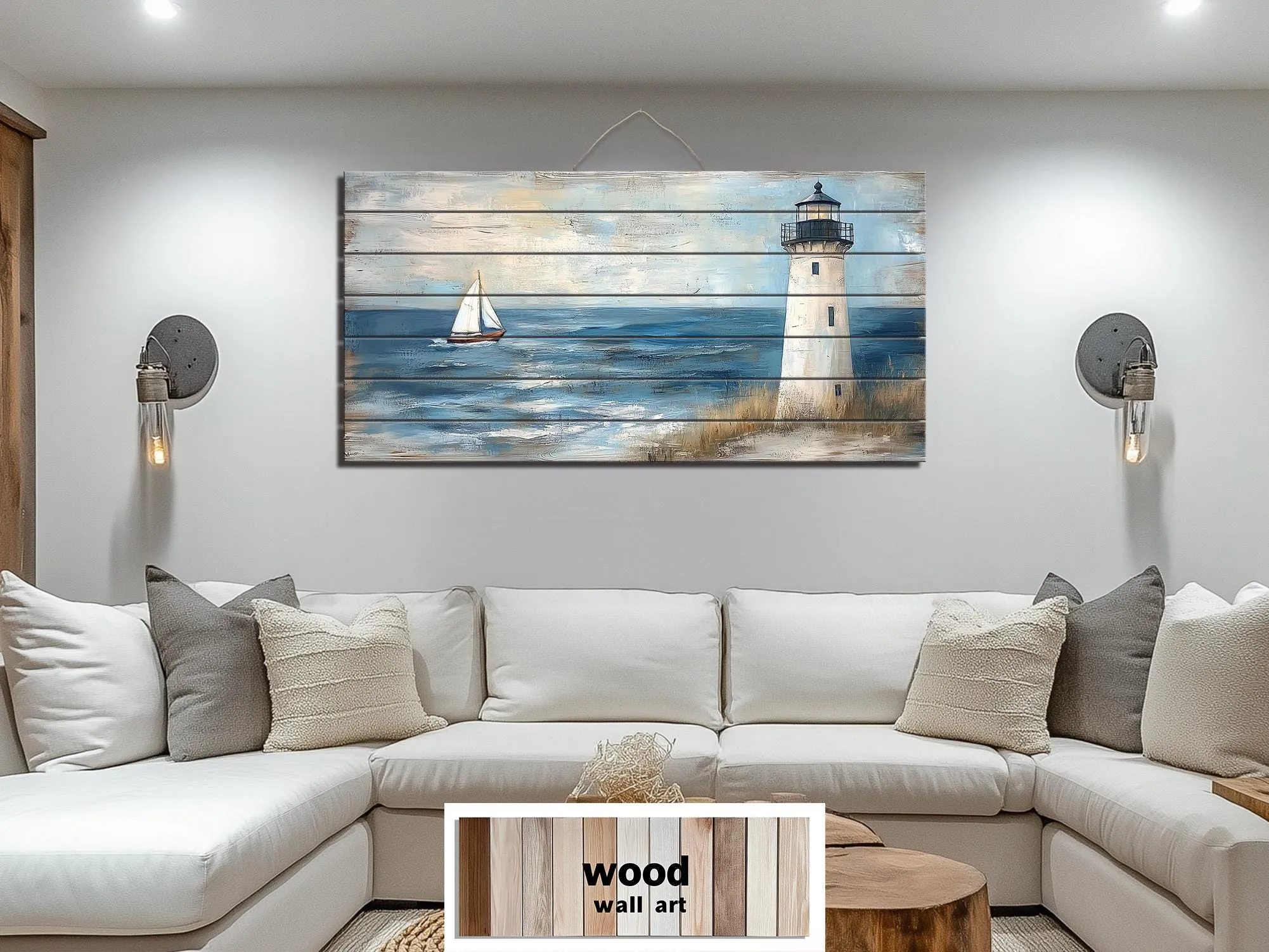 Lighthouse And Sailboat Distressed Wood Wall Art