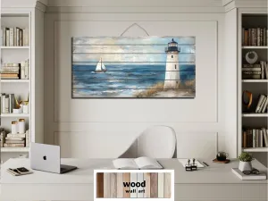 Lighthouse And Sailboat Distressed Wood Wall Art