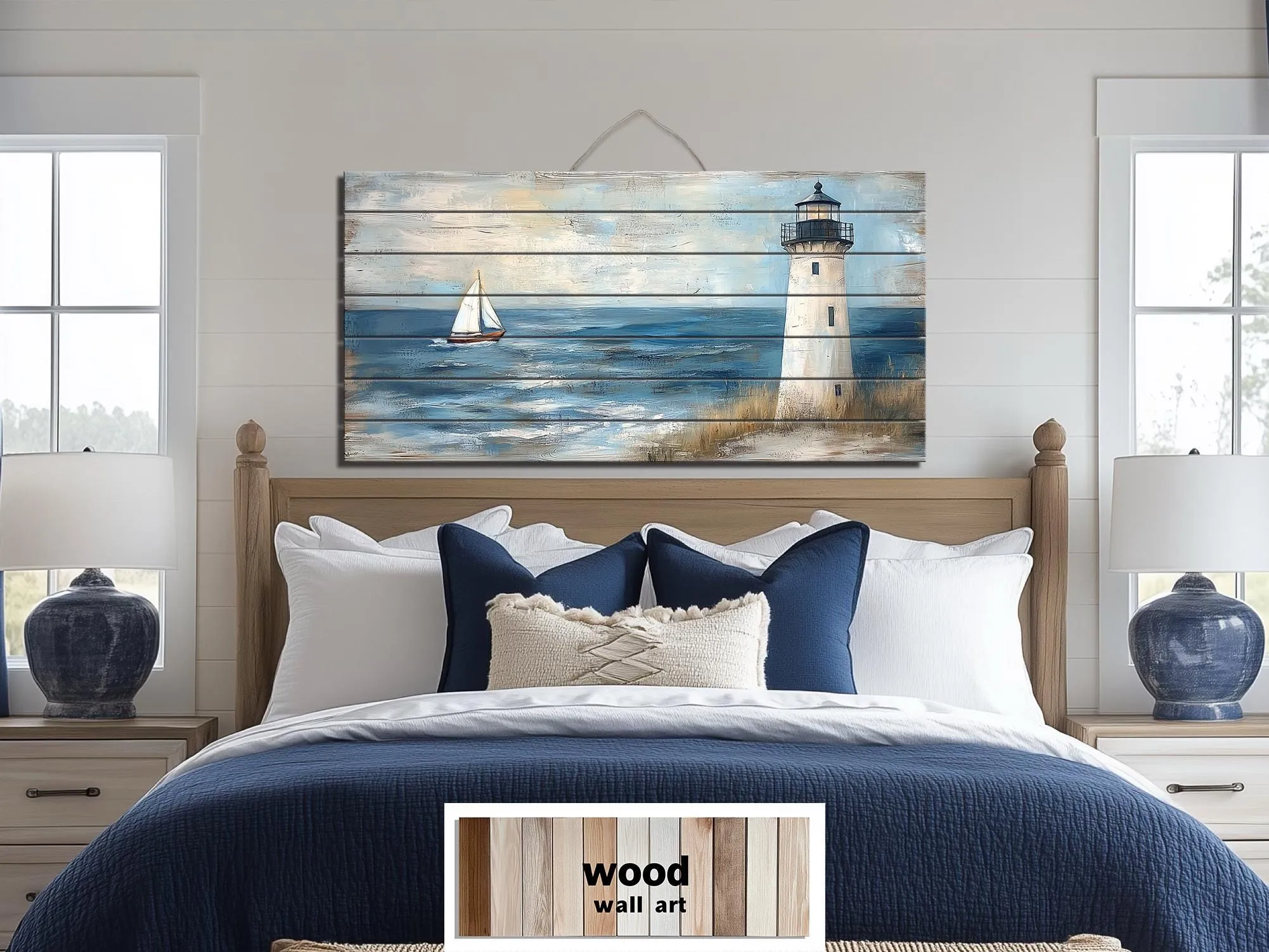 Lighthouse And Sailboat Distressed Wood Wall Art
