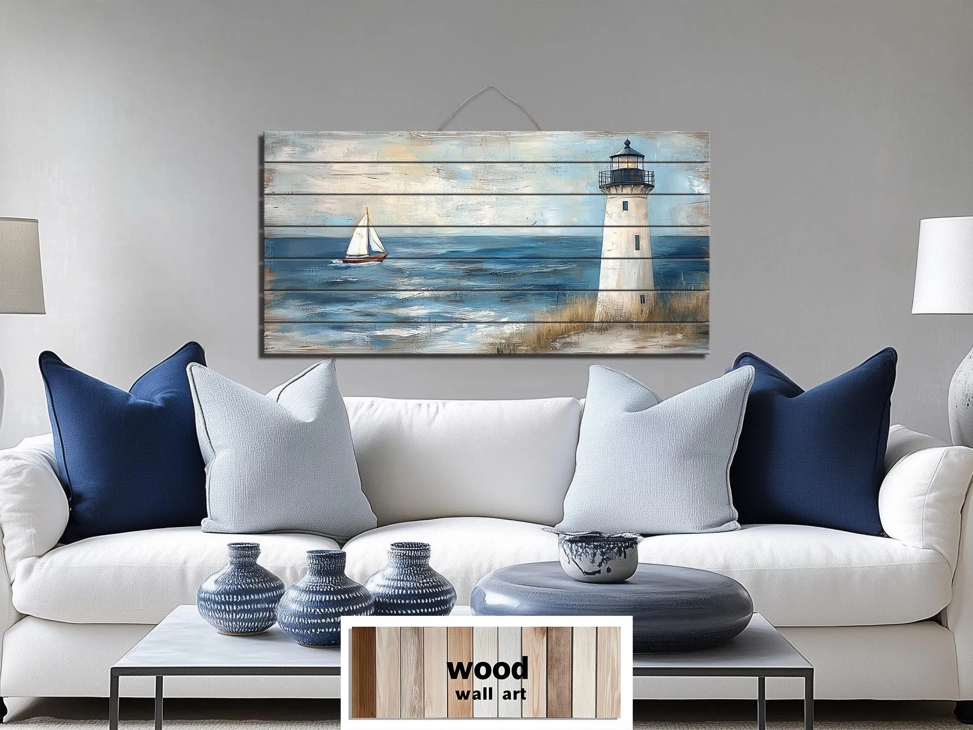 Lighthouse And Sailboat Distressed Wood Wall Art