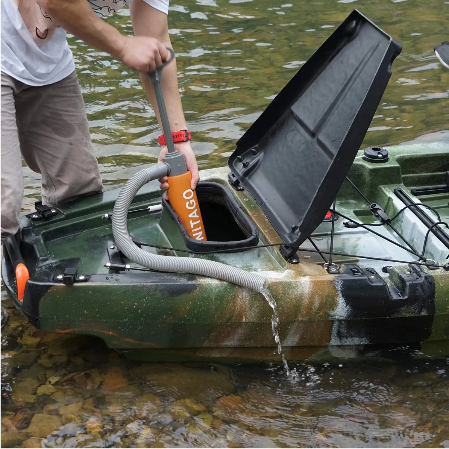 LINGVUM Bilge Pump for Kayak Canoe and Boat - 17 Inch Manual Portable Kayak Hand Water Pumps with Reversible Hose Orange