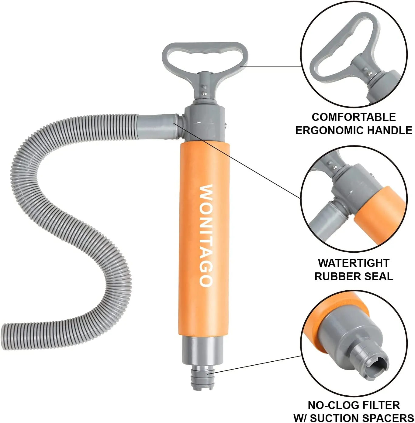 LINGVUM Bilge Pump for Kayak Canoe and Boat - 17 Inch Manual Portable Kayak Hand Water Pumps with Reversible Hose Orange