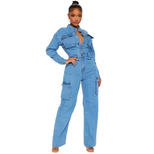 Lydia Long Sleeve Denim Cargo Wide Leg Jumpsuit