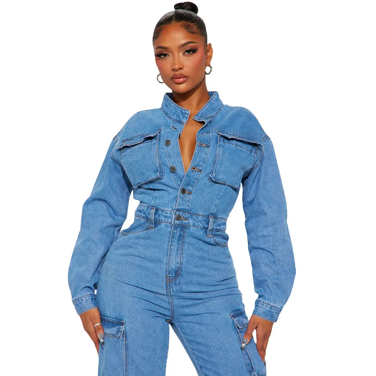 Lydia Long Sleeve Denim Cargo Wide Leg Jumpsuit