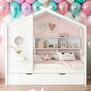 Modern Twin Size Wooden House Bed with Trundle Storage for Kids