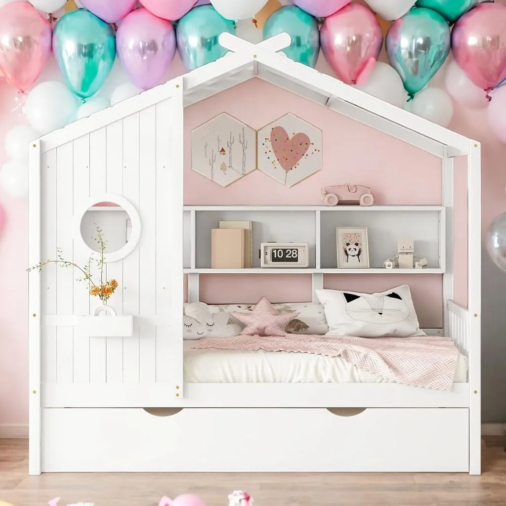 Modern Twin Size Wooden House Bed with Trundle Storage for Kids