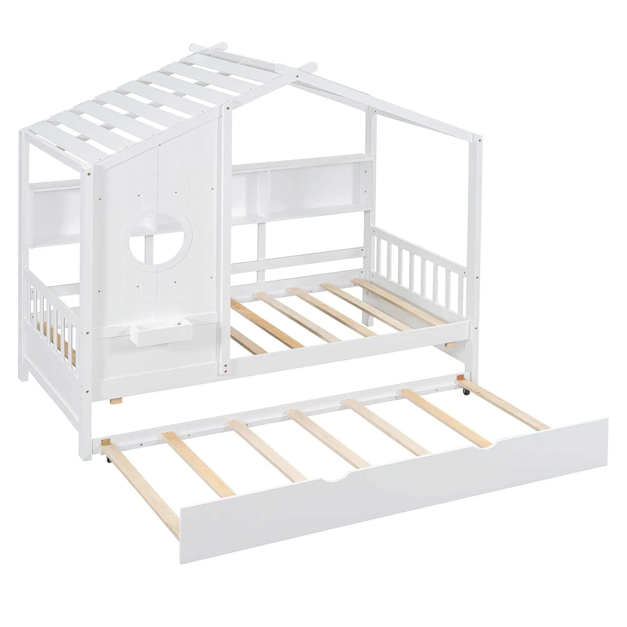 Modern Twin Size Wooden House Bed with Trundle Storage for Kids