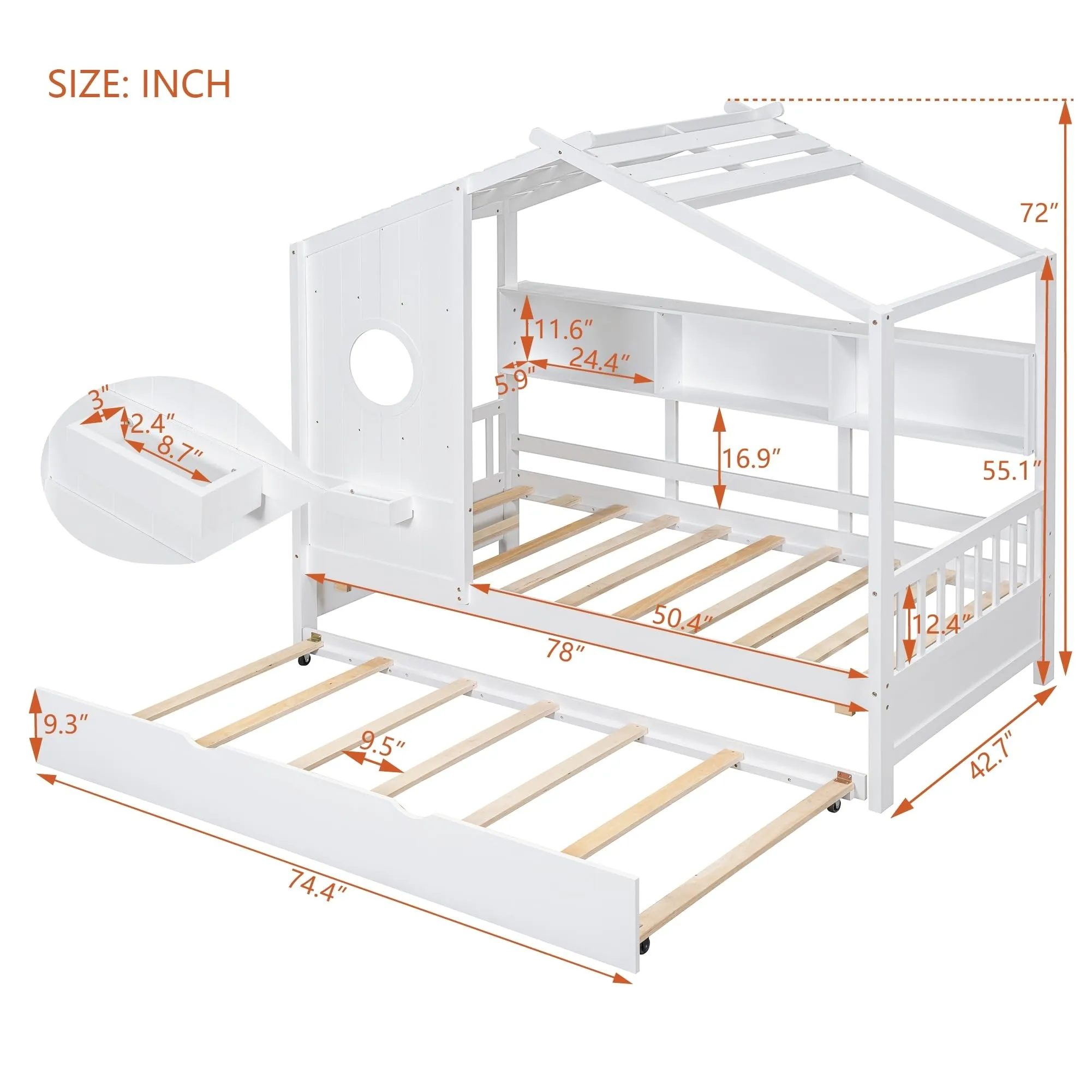 Modern Twin Size Wooden House Bed with Trundle Storage for Kids