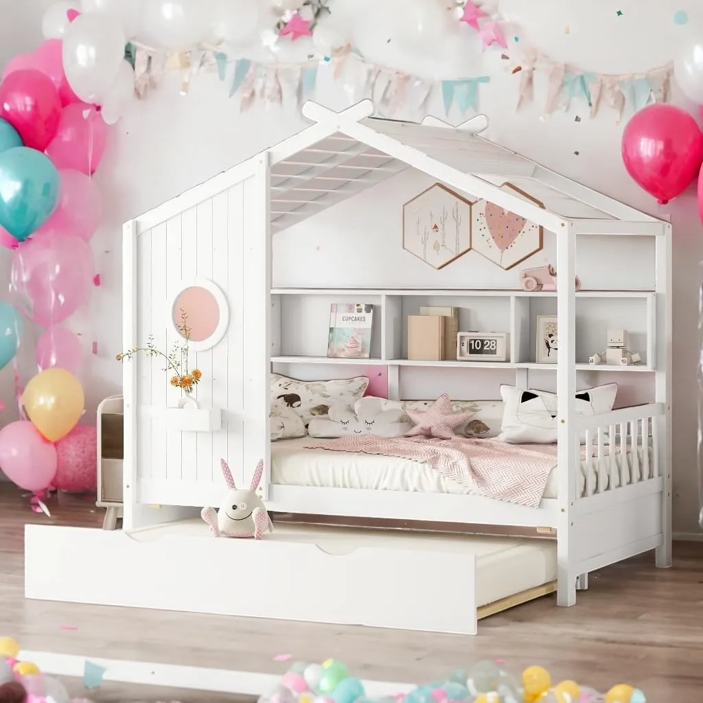 Modern Twin Size Wooden House Bed with Trundle Storage for Kids