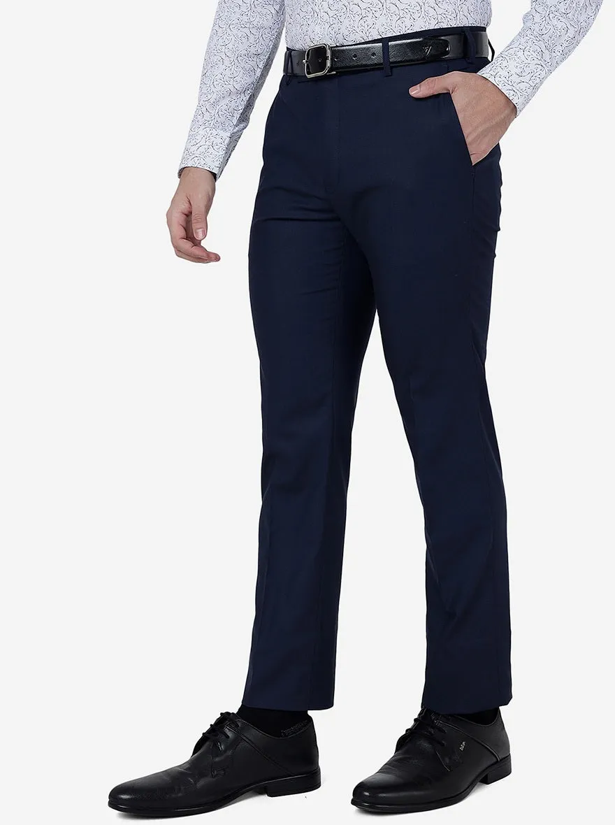 Navy Blue Solid Slim Fit Formal Trouser | Metal
