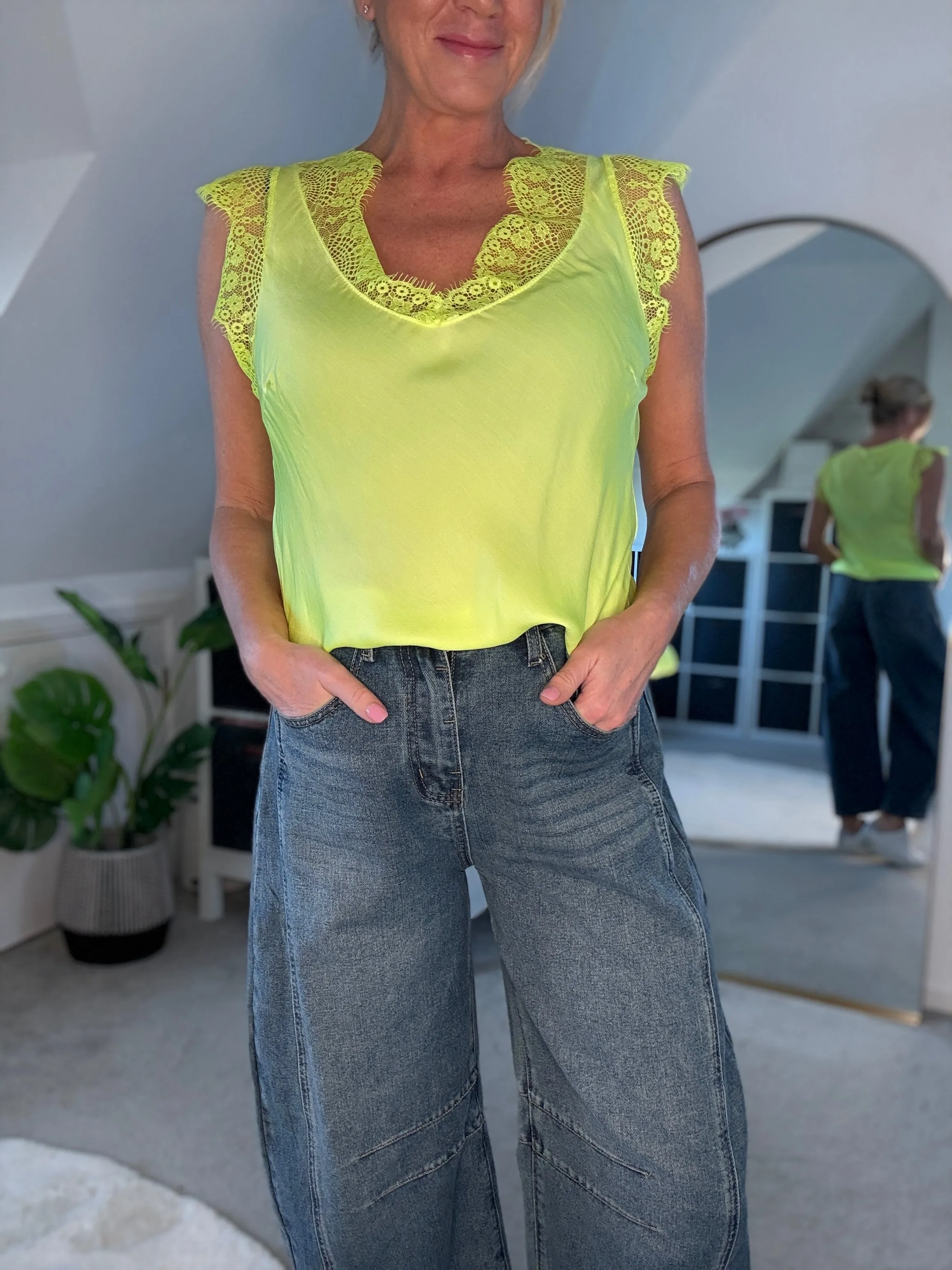 Neon Lime Satin/Lace V Neck Top